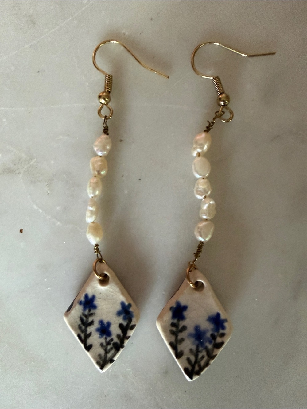 Handmade Blue Floral Ceramic and Freshwater Pearl Drop Earrings